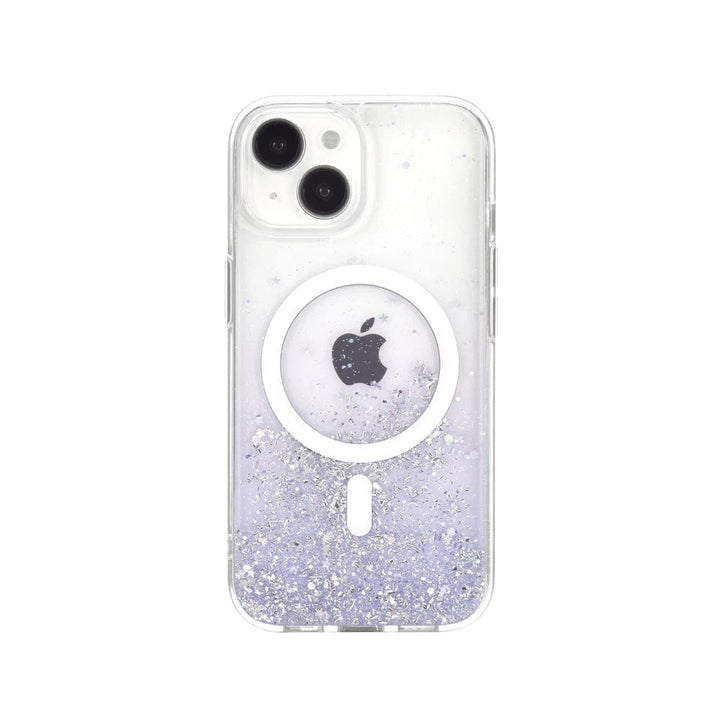 The Bryten by Raptic iPhone 15 Series Starburst MagSafe Case features a reflective iridescent design, showcasing the Apple logo and dual camera cutout on a white background, with seamless MagSafe integration.