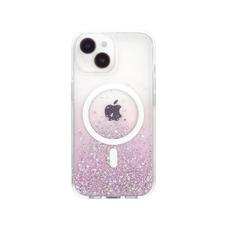 The Bryten by Raptic iPhone 15 Series Starburst MagSafe Case is a transparent case for the iPhone 15 Pro Max with a pink and purple glitter gradient. It features seamless MagSafe integration, including a circular MagSafe ring and an Apple logo.