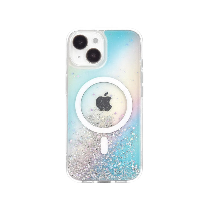 The Bryten by Raptic iPhone 15 Series Starburst MagSafe Case from Bryten boasts a glittery pastel gradient finish with a reflective, iridescent design that prominently displays the Apple logo in the center and offers seamless MagSafe integration for your convenience.