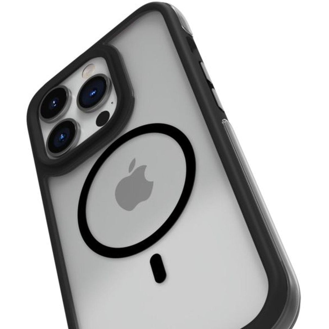 Close-up of the back of an iPhone with a white Raptic Air+ Slim case, featuring a circular black outline and the Apple logo, along with a black bumper around the edges. The triple camera system is visible at the top. This Raptic case offers 360 full anti-shock and Military Spec drop protection for ultimate iPhone 15 Pro protection.