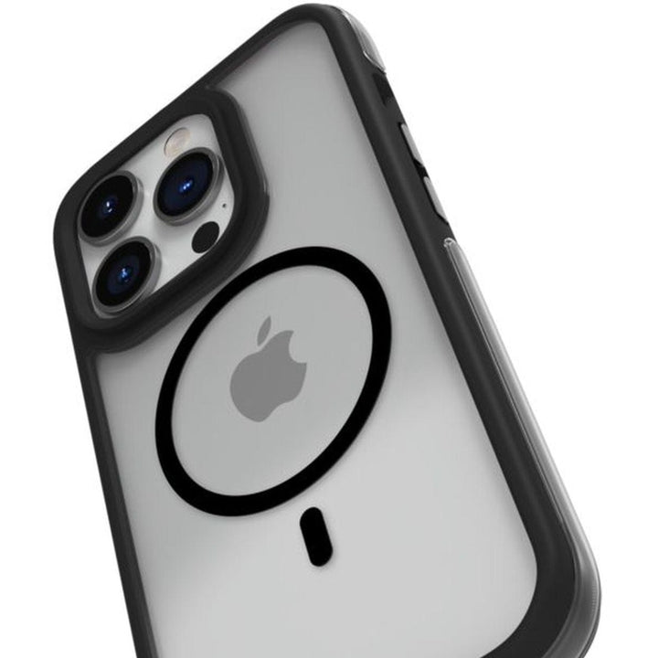 Close-up of the back of an iPhone with a white Raptic Air+ Slim case, featuring a circular black outline and the Apple logo, along with a black bumper around the edges. The triple camera system is visible at the top. This Raptic case offers 360 full anti-shock and Military Spec drop protection for ultimate iPhone 15 Pro protection.