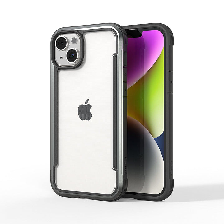 Two smartphones in protective cases. The device in the foreground, a Raptic Shield iPhone 15 Shield Case with 3-metre drop protection meeting MIL-STD-810G Standards, shows the back with an Apple logo and dual camera setup. The device in the background displays a colorful screen.