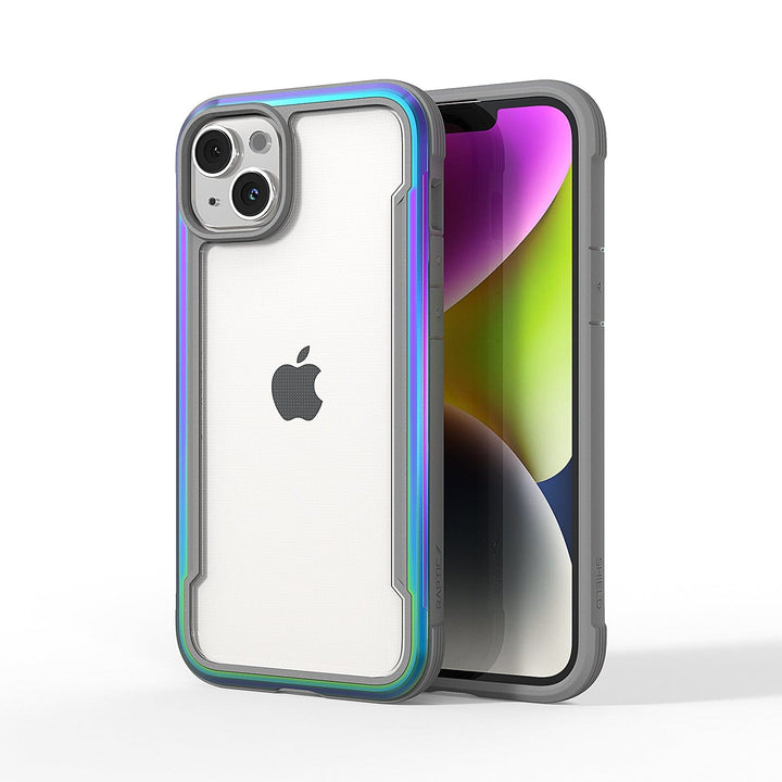 Two iPhones are depicted: one showing the back with an Apple logo and dual cameras, and the other showing the front with a colorful display. Both are enclosed in iridescent Raptic Shield iPhone 15 Shield Cases that meet MIL-STD-810G standards for 3-metre drop protection.