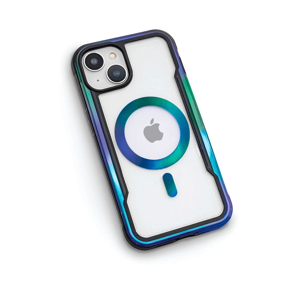 A smartphone with a dual-camera setup in the Raptic Shield 2.0 iPhone 15 MagSafe Case by Raptic, featuring a blue-tinted circular design around the Apple logo on the back, compatible with MagSafe accessories.