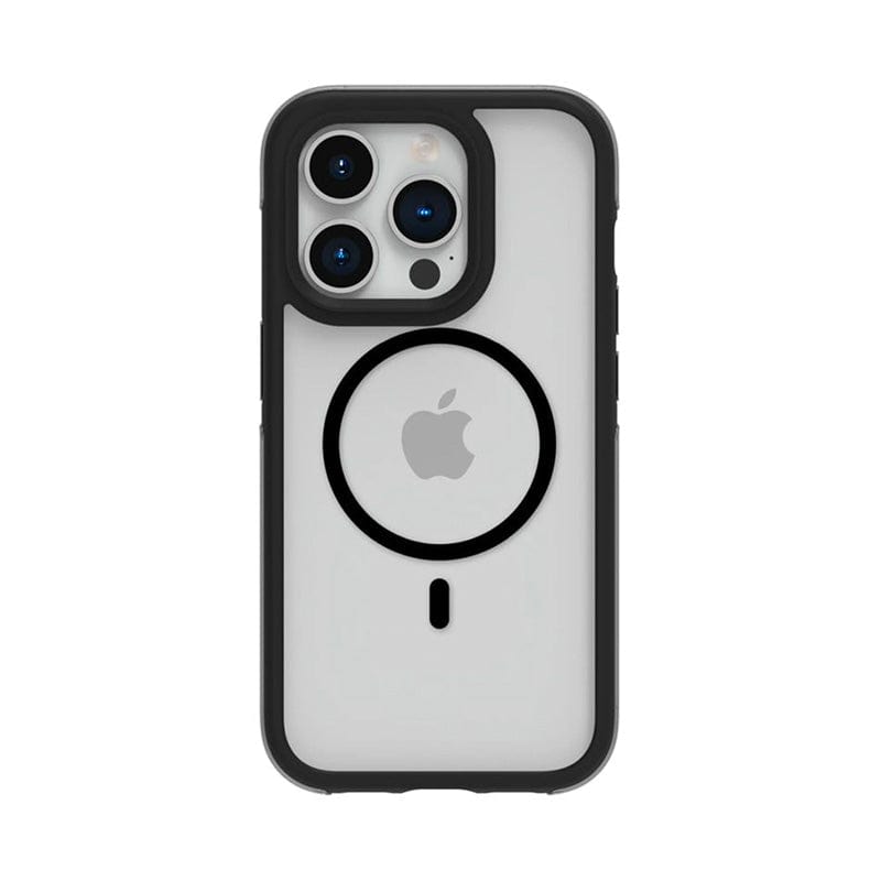 A iPhone 15 Air Plus in a gray and transparent Raptic case with visible apple logo, circular magnetic charging area, and military spec drop protection.