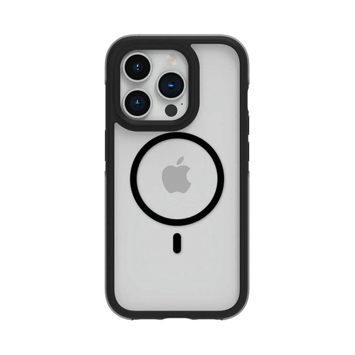 A smartphone in a black and white Raptic Air+ Slim case, featuring a prominent Apple logo and a circular design on the back, with Military Spec drop protection for iPhone 15 Pro.