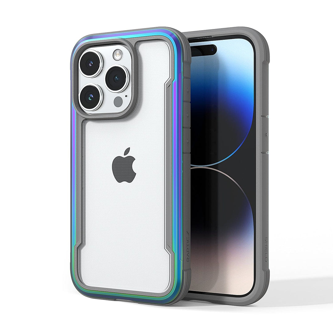 Two smartphones enclosed in Raptic Shield iPhone 15 cases featuring a visible Raptic logo. One phone displays its screen, while the other shows the back with three camera lenses. These cases offer 3-metre drop protection and meet MIL-STD-810G standards for durability.