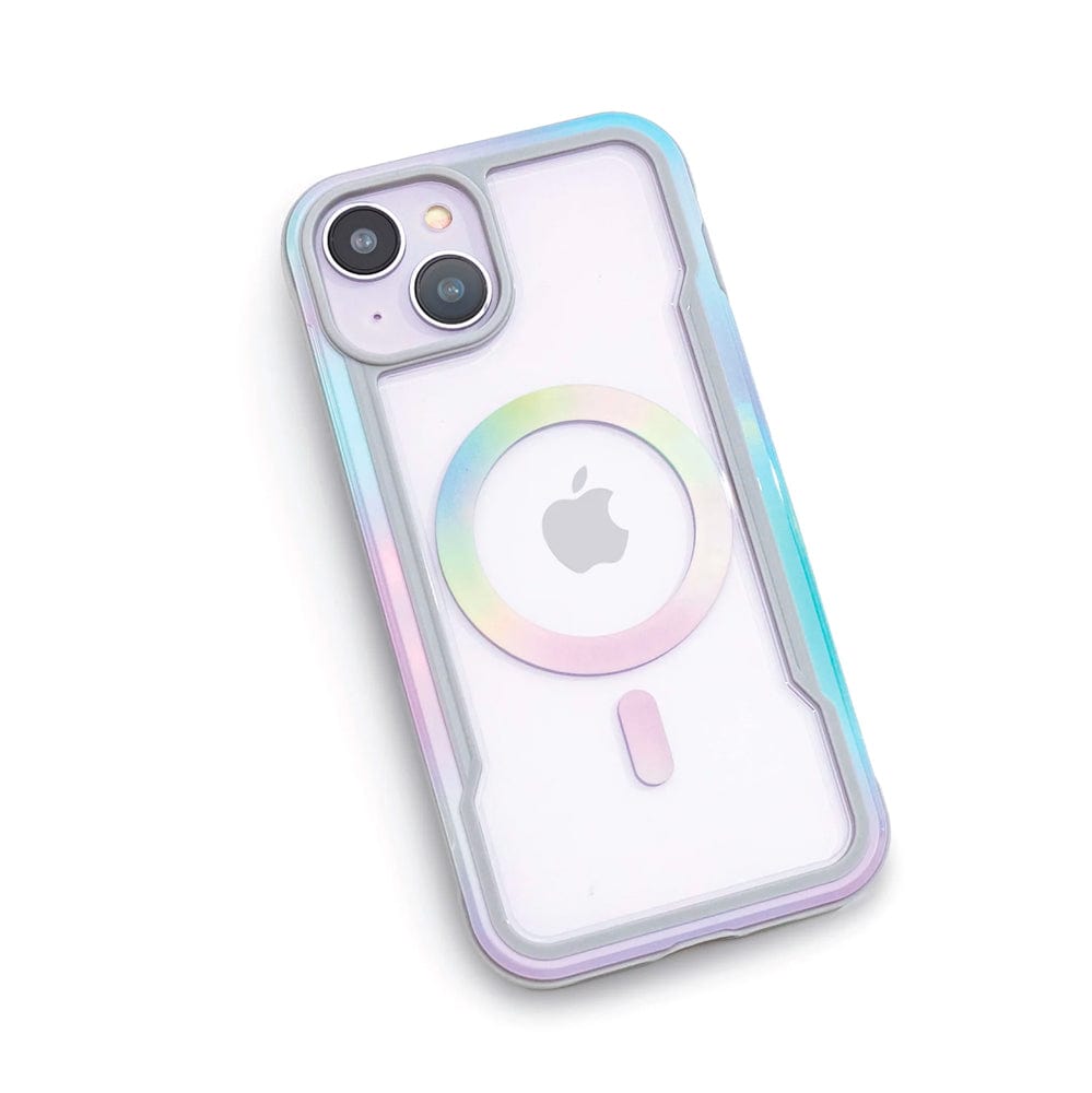 A smartphone with a dual-camera setup in a Raptic Shield 2.0 iPhone 15 MagSafe Case featuring a reflective MagSafe ring on the back, an Apple logo in the center, and 3-metre drop protection.