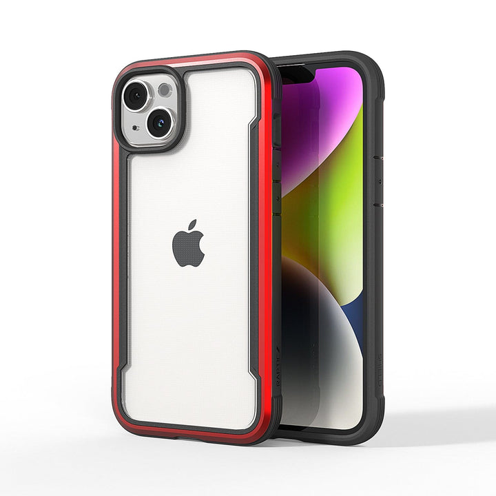 Two smartphones with protective cases, including the Raptic Shield iPhone 15 Shield Case, one showing the screen with colorful display, the other displaying the Apple logo on the back. The left case is predominantly white with red accents, while the right one is black. Both offer 3-metre drop protection and meet MIL-STD-810G standards.