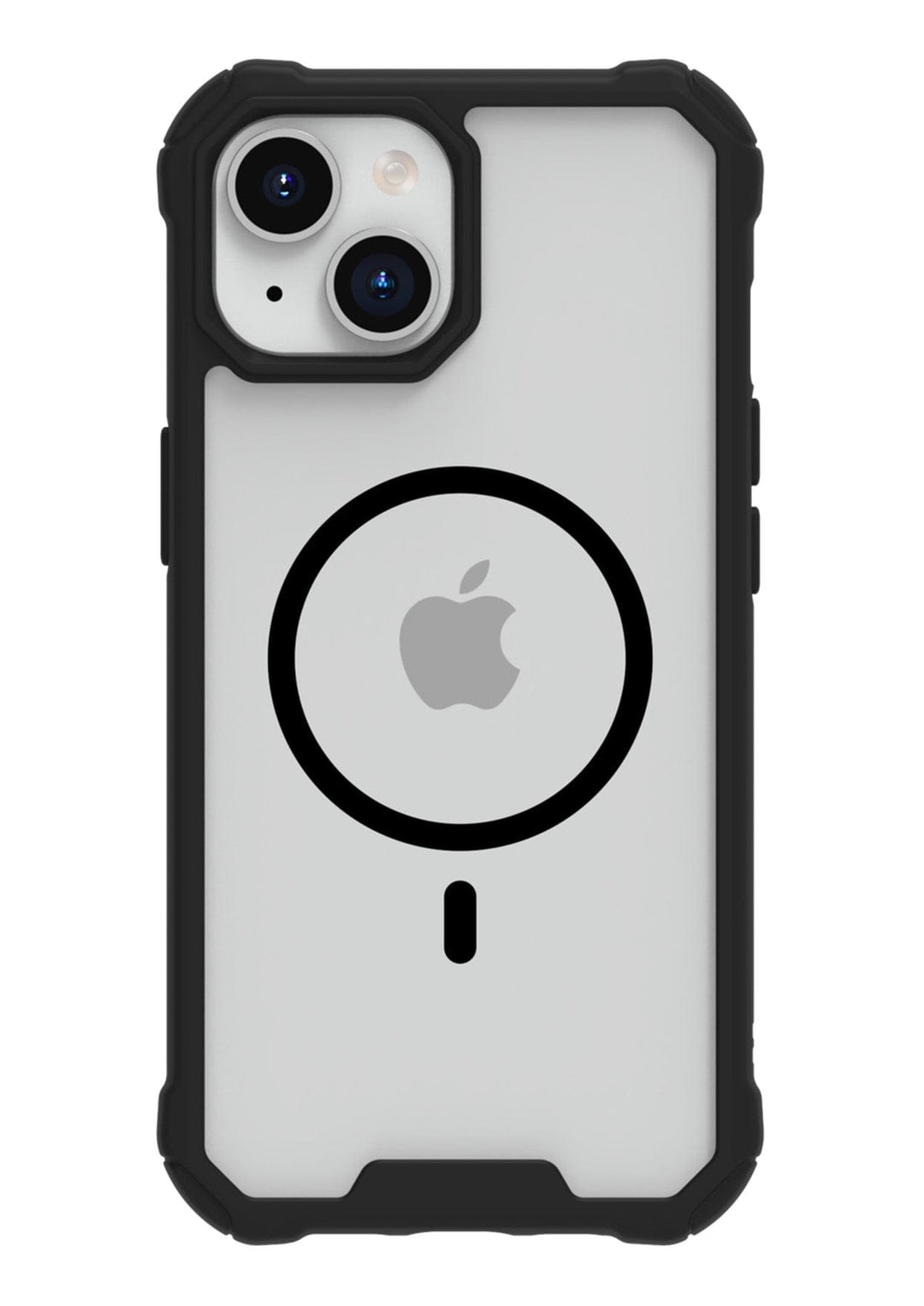 The Raptic Air Tough MagSafe Case iPhone 15 is a rugged black protective case with reinforced corners, offering excellent shock and drop protection. The back of the case showcases the iconic Apple logo alongside a MagSafe charging alignment graphic, indicating its compatibility with MagSafe accessories. The dual rear cameras and flash are conveniently visible in the upper-left corner of this slim and lightweight Raptic case for the iPhone 15.