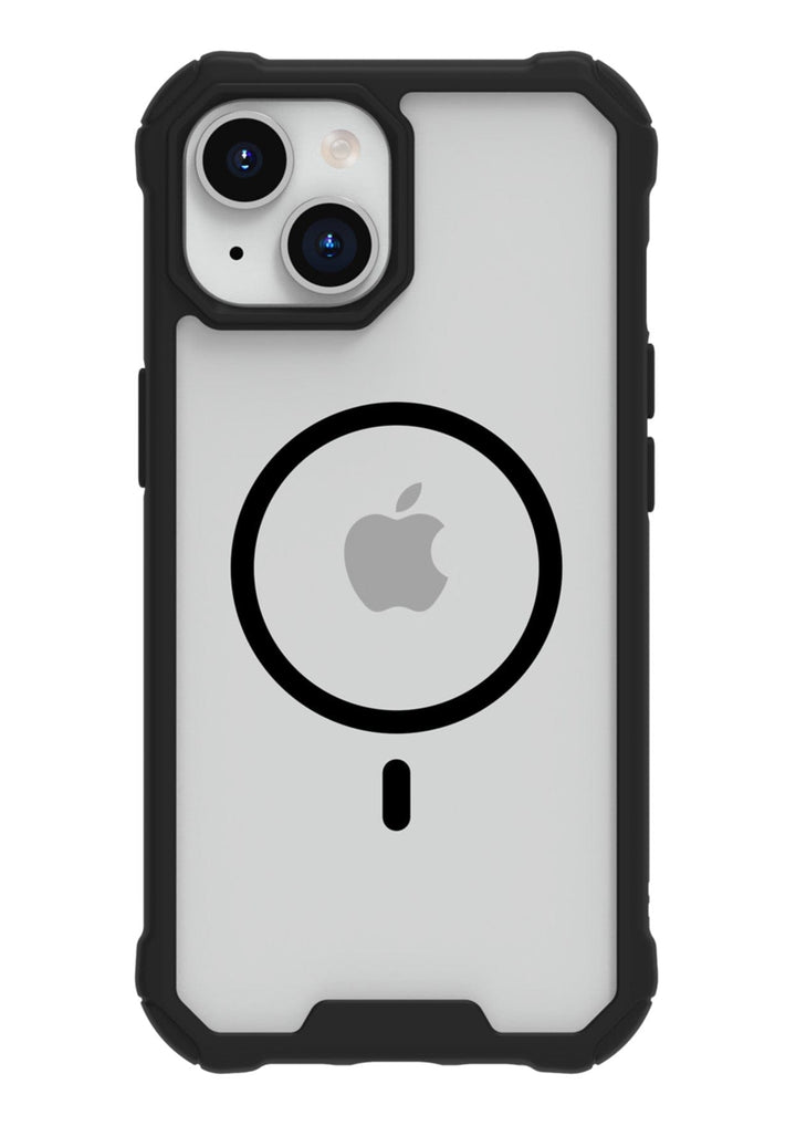 The Raptic Air Tough MagSafe Case iPhone 15 is a rugged black protective case with reinforced corners, offering excellent shock and drop protection. The back of the case showcases the iconic Apple logo alongside a MagSafe charging alignment graphic, indicating its compatibility with MagSafe accessories. The dual rear cameras and flash are conveniently visible in the upper-left corner of this slim and lightweight Raptic case for the iPhone 15.