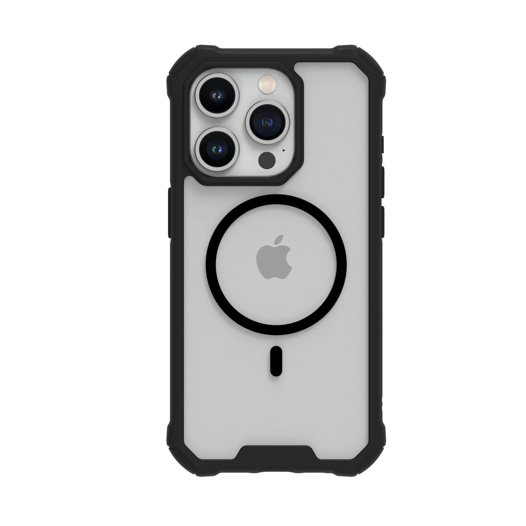 The Raptic Air Tough MagSafe Case for iPhone 15 is a slim and lightweight gray smartphone case that includes reinforced corners for shock and drop protection. The phone it encases has three visible cameras and a flash in the top left corner on the back, along with an Apple logo positioned at the center, surrounded by a black MagSafe charging outline.