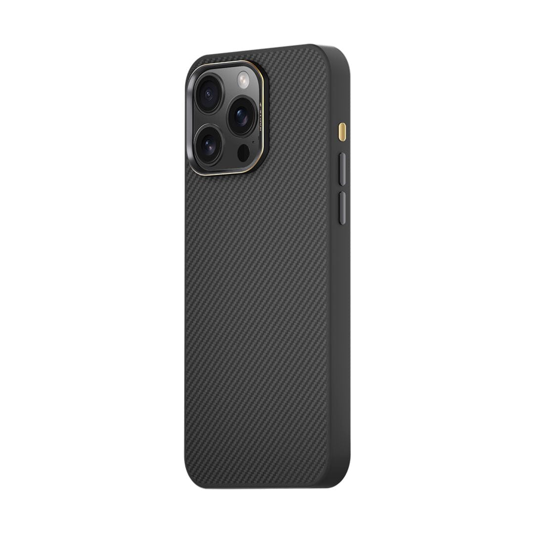 The Raptic Aramid Fibre for iPhone 16 Pro is displayed, featuring a stylish black carbon fiber-patterned case that supports MagSafe. The case envelops the phone, leaving the triple camera setup exposed, which is highlighted by a gold accent around the lenses. The design is sleek with visible side buttons, set against a white background.