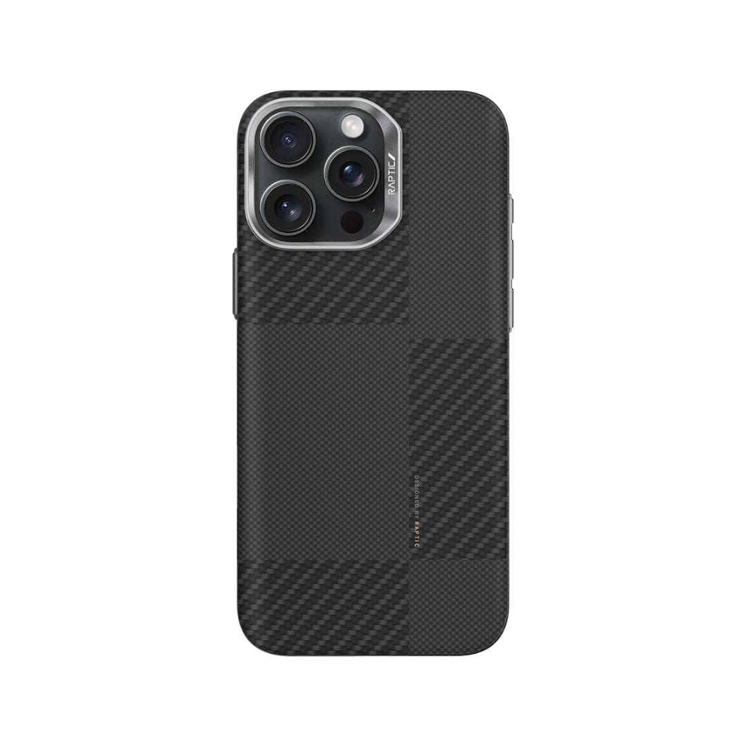 The Raptic Aramid Fibre Mondrian case for iPhone 16 Pro/Max, shown on a triple-camera phone with LiDAR, features a black checkered carbon fiber pattern with subtle diagonal lines and a minimalist MagSafe-compatible logo.