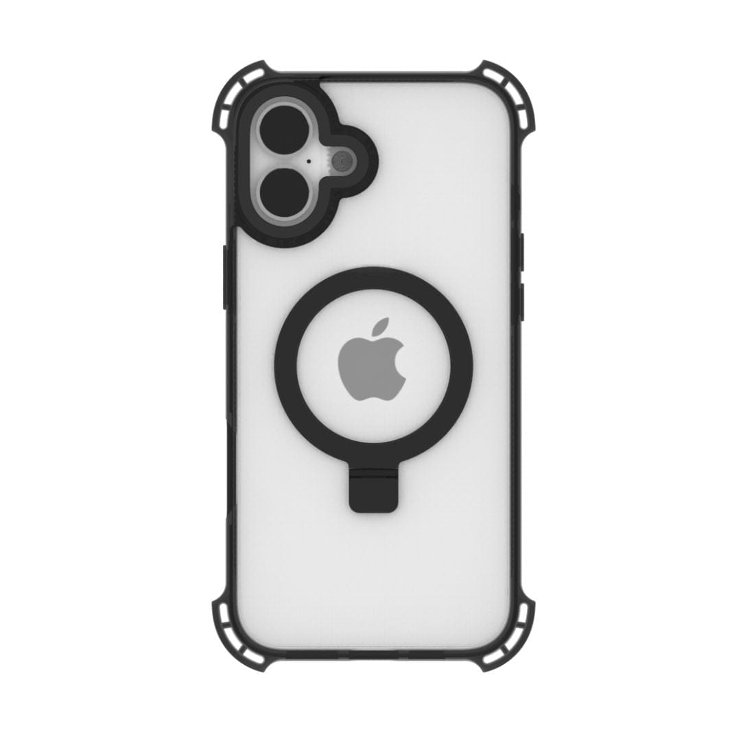 The Raptic Dual Impact Kickstand Case for iPhone 16 Plus by Raptic is a white case with black edges, featuring a reinforced black camera cover with three lens openings and a circular black ring in the center of the back, proudly displaying a white Apple logo. This rugged case offers MagSafe compatibility and enhanced shock absorption at the corners.
