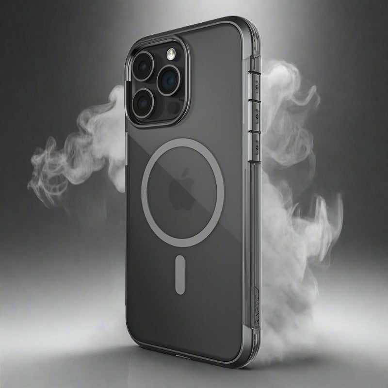 A modern iPhone 15 Series smartphone, encased in a transparent Raptic Air 1.0 MagSafe Case by Raptic, is displayed against a smoky backdrop. The presentation focuses on the camera lenses and circular design on the back, offering up to 4-metres drop protection.