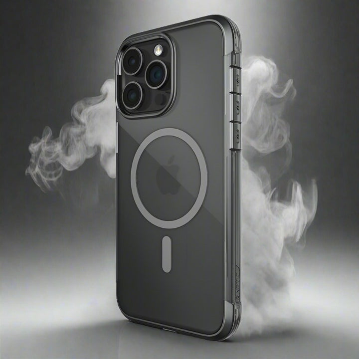 A modern iPhone 15 Series smartphone, encased in a transparent Raptic Air 1.0 MagSafe Case by Raptic, is displayed against a smoky backdrop. The presentation focuses on the camera lenses and circular design on the back, offering up to 4-metres drop protection.