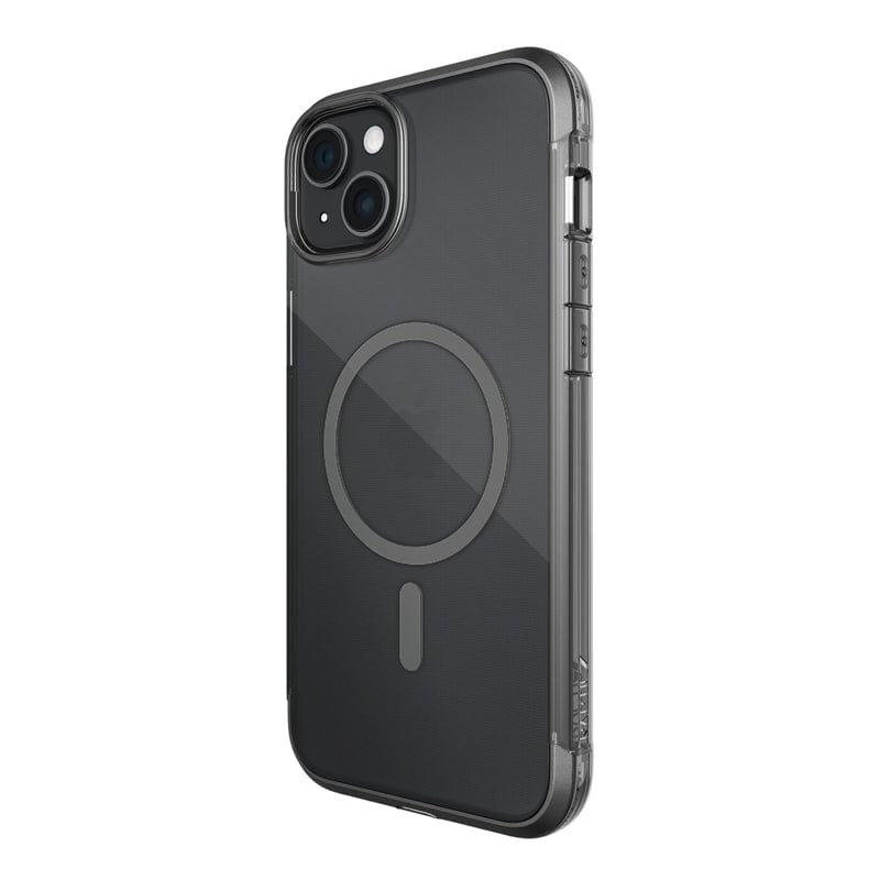 A black iPhone 15 encased in a transparent Raptic Air 1.0 MagSafe for iPhone 15 Series case by Raptic, with 4-metres drop protection, is viewed from the back, showcasing the dual camera setup and the circular MagSafe alignment markings.