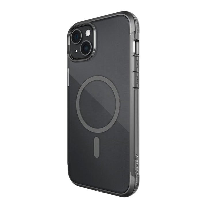 A black iPhone 15 encased in a transparent Raptic Air 1.0 MagSafe for iPhone 15 Series case by Raptic, with 4-metres drop protection, is viewed from the back, showcasing the dual camera setup and the circular MagSafe alignment markings.
