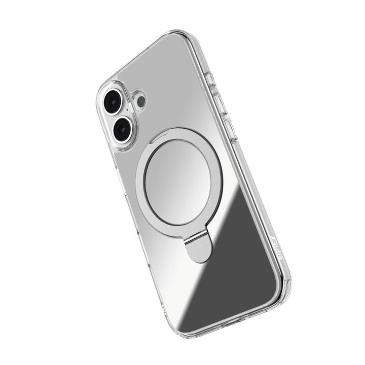 The Raptic Air Stand Mirror with MagSafe for iPhone 16 Plus is a transparent, multifunctional phone case featuring a built-in circular metal ring stand. It offers precise cutouts for the dual rear camera and side buttons. The centrally positioned metal ring stand on the back serves as a kickstand for hands-free use and includes MagSafe compatibility.