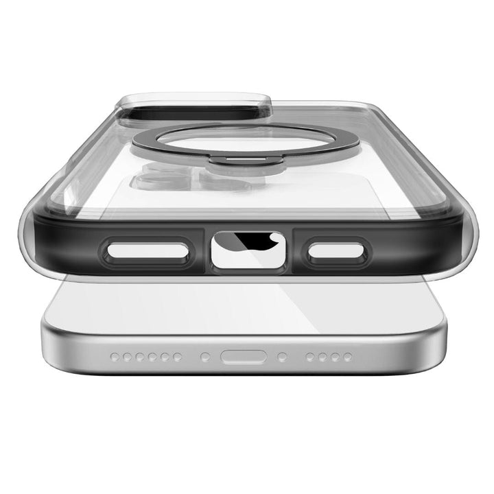 A close-up of two smartphones stacked on top of each other. The top phone features the Raptic Air Stand Mirror with MagSafe for iPhone 16 Plus, a clear and multifunctional case with a circular ring in the center that highlights the camera area. The bottom phone is silver, showcasing its bottom edge with a charging port and speaker holes.