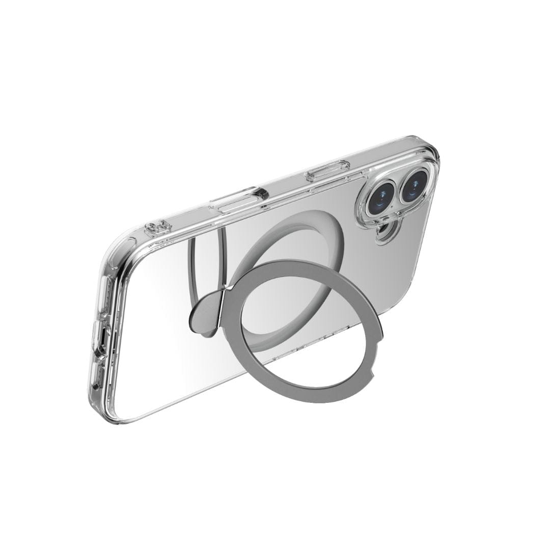 The Raptic Air Stand Mirror with MagSafe for iPhone 16 Plus is a multifunctional phone case featuring a built-in silver metal ring stand. The ring attaches to the back of the case and can be propped open, allowing the phone to stand at an angle. The case fits snugly around the device, revealing its dual camera setup and sleek design while ensuring MagSafe compatibility.