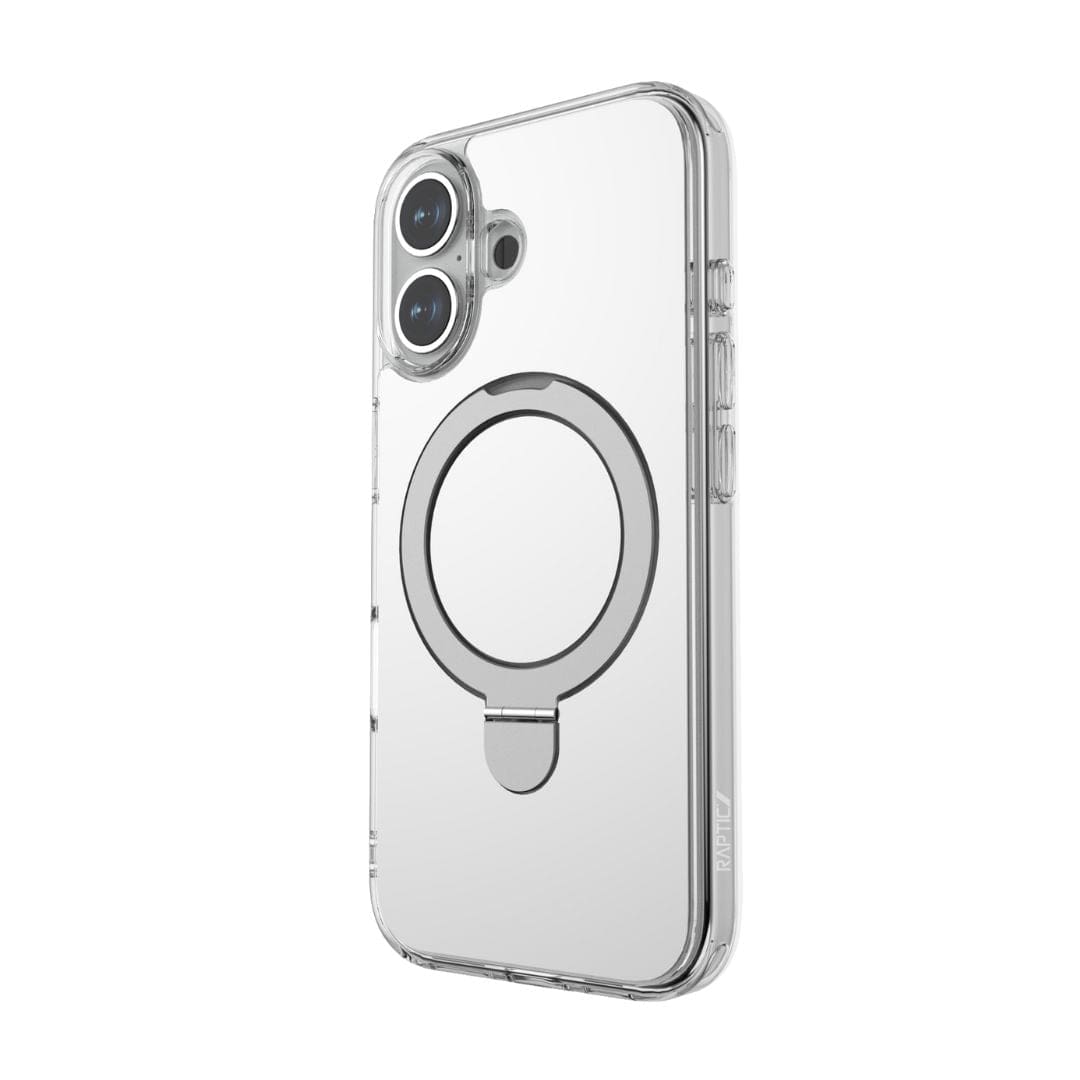 The Raptic Air Stand Mirror with MagSafe for iPhone 16 Plus, a clear and multifunctional phone case, is depicted featuring reinforced corners and MagSafe compatibility. The case includes precise cutouts for the camera, buttons, and ports. Integrated into its design are a circular MagSafe ring and a metal kickstand to provide added functionality and support.