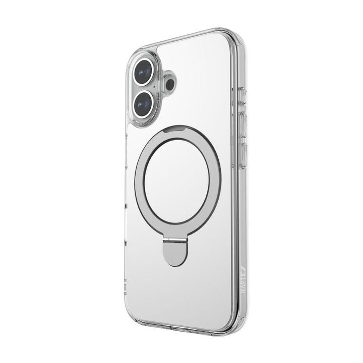 The Raptic Air Stand Mirror with MagSafe for iPhone 16 Plus, a clear and multifunctional phone case, is depicted featuring reinforced corners and MagSafe compatibility. The case includes precise cutouts for the camera, buttons, and ports. Integrated into its design are a circular MagSafe ring and a metal kickstand to provide added functionality and support.