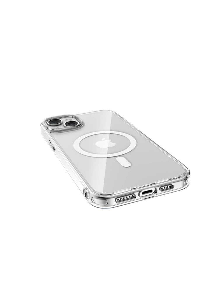The Raptic Crystal MagSafe for iPhone 15 Series features a clear case with a MagSafe circle design and bumper protection, displayed on the back of a modern iPhone 15. Enjoy seamless compatibility and drop protection with this sleek MagSafe case from Raptic.