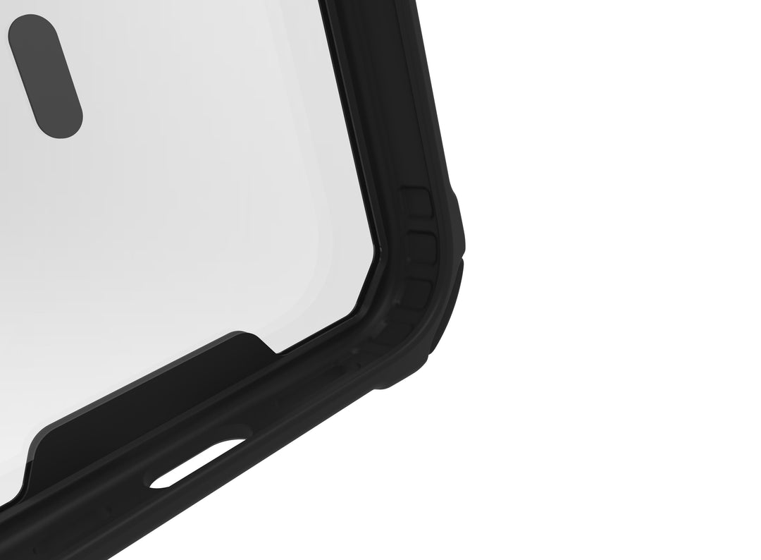 The image shows a close-up corner of the Raptic Air Tough MagSafe Case for iPhone 15, highlighting its black, rugged design with a built-in screen protector. Despite its slim and lightweight profile, the corner features a slightly textured edge and a precise cutout for a port or button, emphasizing enhanced shock and drop protection for your device.