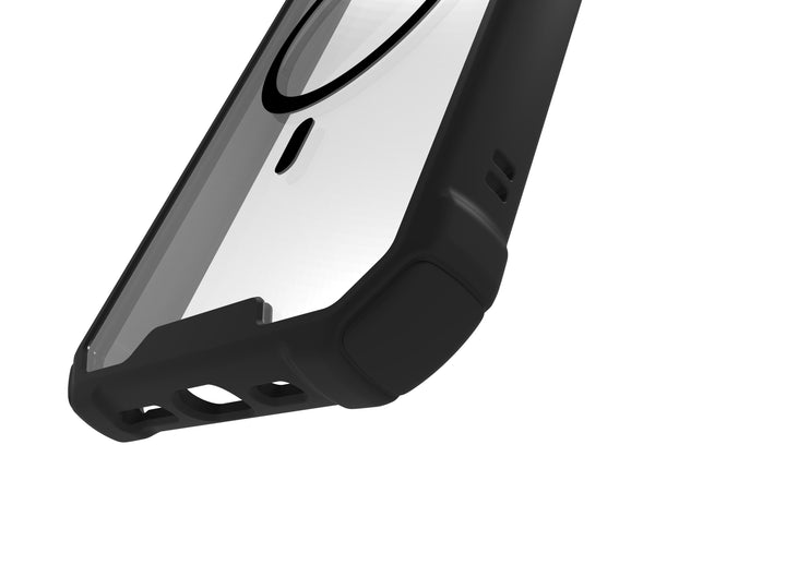 Close-up view of the Raptic Air Tough MagSafe Case iPhone 15, a transparent, slim, and lightweight phone case with black edges and reinforced corners. The MagSafe-compatible design features a circular cutout for the camera and flash, as well as openings on the bottom edge for charging and speakers. Emphasizing shock and drop protection, this case by Raptic ensures your device stays secure.
