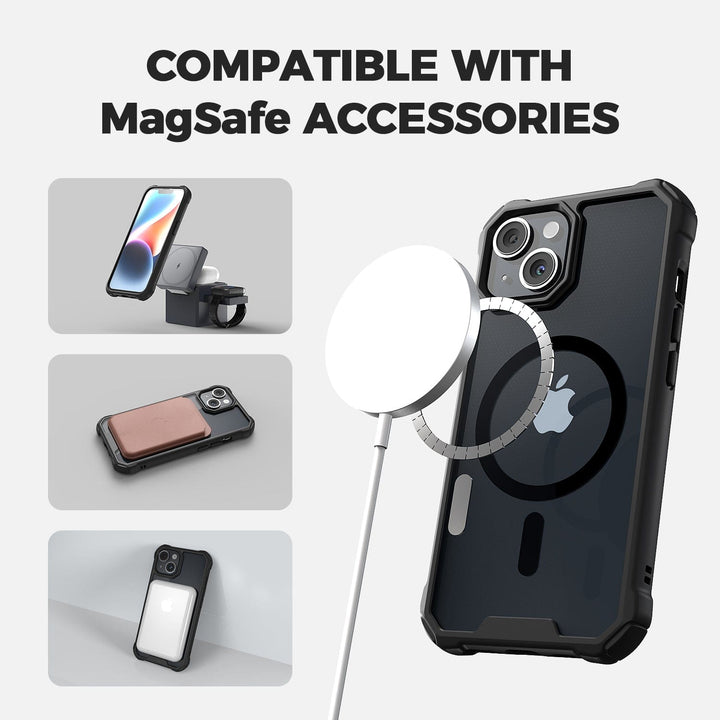 A Raptic Air Tough MagSafe Case for iPhone 15 in rugged black with a clear back is shown being charged with a MagSafe charger, highlighting its shock and drop protection. Text at the top reads "COMPATIBLE WITH MAGSAFE ACCESSORIES." Three smaller images on the left show the iPhone 15 with other MagSafe accessories: a charging stand, cardholder, and mount.