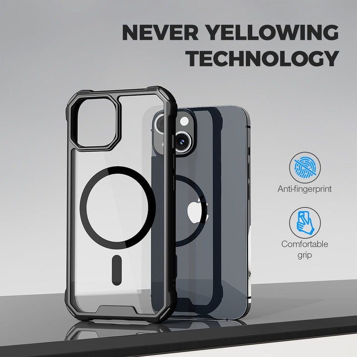 The image showcases the Raptic Air Tough MagSafe Case for iPhone 15, a slim and lightweight transparent phone case with a black border designed to fit the latest smartphone. "Never Yellowing Technology" is prominently displayed at the top, and the case is certified MagSafe compatible. Icons emphasize its anti-fingerprint properties and comfortable grip features. A phone with its shadow appears in the background.