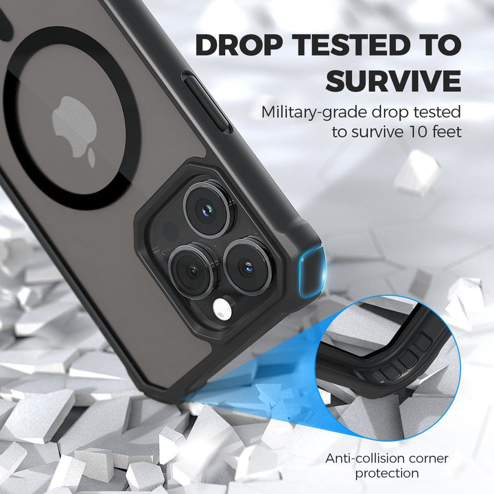 A black Raptic Air Tough MagSafe Case for iPhone 15, featuring a circular cutout for the Apple logo, is shown on a shattered concrete background. The text reads, "DROP TESTED TO SURVIVE Military-grade drop tested to survive 10 feet." An inset highlights the case's anti-collision corner protection with a blue indicator, providing both shock and drop protection.