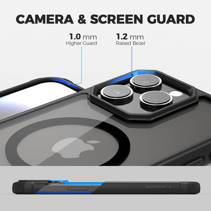 Close-up of a Raptic Air Tough MagSafe Case for iPhone 15 focusing on its camera and screen guard features. The image shows the back camera area with a 1.2 mm raised bezel and the screen edge with a 1.0 mm higher guard. Slim and lightweight, it also provides shock and drop protection—the "Raptic" brand name graces the side.