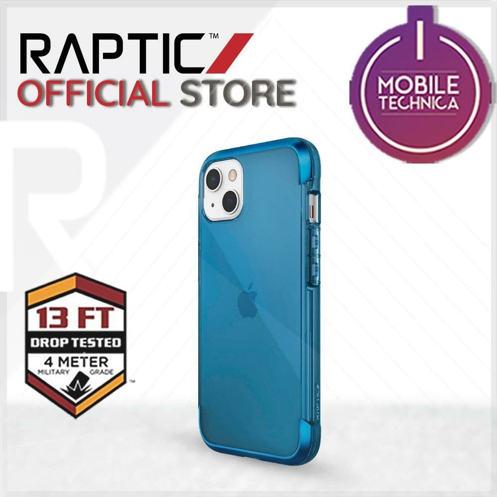Image of a blue iPhone 13 Pro Max Mini Case Raptic Air Clear Bumper Hard Cover displayed prominently with "Raptic Official Store" branding, a "13 FT Drop Tested" badge, and a "Mobile Technica" emblem in the background. This shock absorbent, MagSafe compatible case ensures both style and protection for your device.
