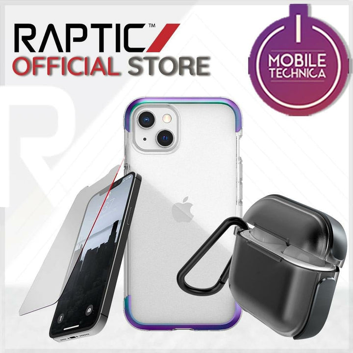 Image shows a promotional banner featuring mobile accessories from Raptic Official Store, including an iPhone 13 Pro Max Mini Case Raptic Air Clear Bumper Hard Cover, a screen protector, and a black wireless earbud case with a carabiner.