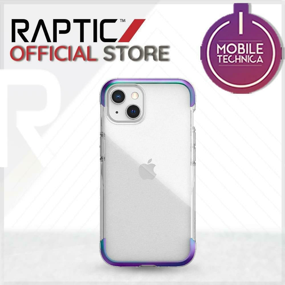 A transparent, shock absorbent iPhone 13 Pro Max Mini Case Raptic Air Clear Bumper Hard Cover with purple edges is displayed alongside the "Raptic Official Store" and "Mobile Technica" logos in the background.