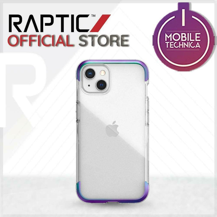 A transparent, shock absorbent iPhone 13 Pro Max Mini Case Raptic Air Clear Bumper Hard Cover with purple edges is displayed alongside the "Raptic Official Store" and "Mobile Technica" logos in the background.