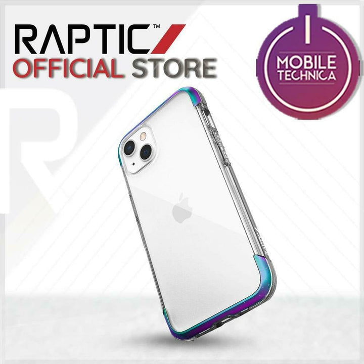 Clear smartphone case with colorful corner accents, displayed against a grayish background with "Raptic Official Store" and "i Mobile Technica" logos. This shock absorbent iPhone 13 Pro Max Mini Case Raptic Air Clear Bumper Hard Cover by Raptic is also MagSafe compatible for easy wireless charging.