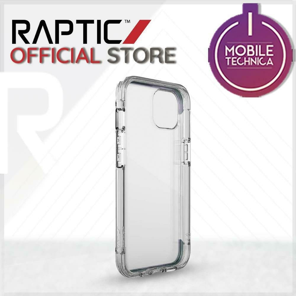 A clear iPhone 13 Pro Max Mini Case Raptic Air Clear Bumper Hard Cover with reinforced corners, MagSafe compatible and shock absorbent, is displayed on a white background. The image includes "Raptic Official Store" and a "Mobile Technica" purple badge.