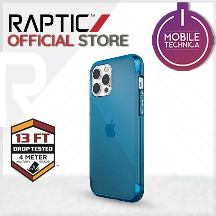 A blue iPhone 13 Pro Max Mini Case Raptic Air Clear Bumper Hard Cover with a shock absorbent protective layer is displayed next to logos for "Raptic Official Store," a 13 ft drop test certification, and a "Mobile Technica" endorsement.
