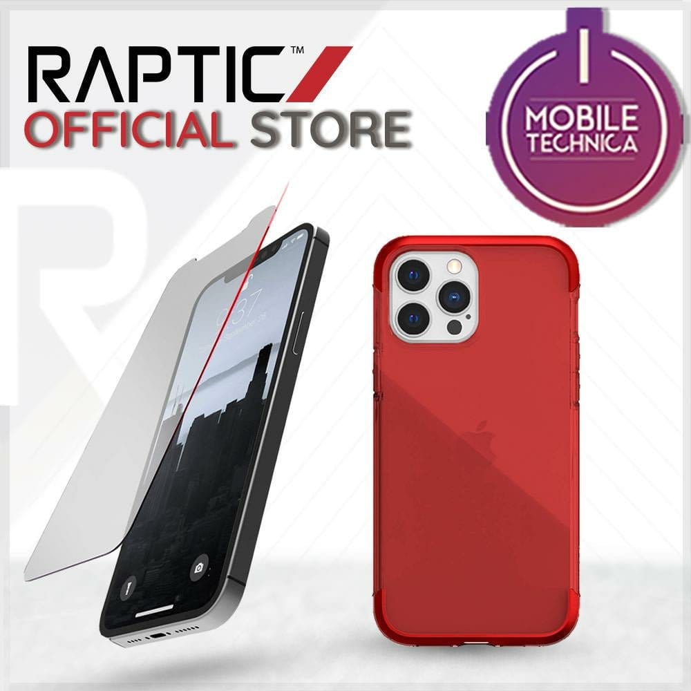 Promotional image of Raptic Official Store, featuring an iPhone 13 Pro Max Mini Case Raptic Air Clear Bumper Hard Cover with a glass screen protector and a red shock absorbent protective cover. Mobile Technica logo is displayed at the top right.
