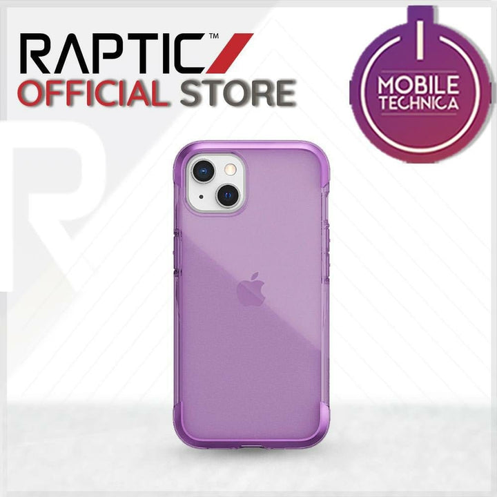 A clear purple iPhone 13 Pro Max Mini Case Raptic Air Clear Bumper Hard Cover, displayed with a "RAPTIC Official Store" logo and a "Mobile Technica" badge in the background, showcases its shock absorbent features and MagSafe compatibility.