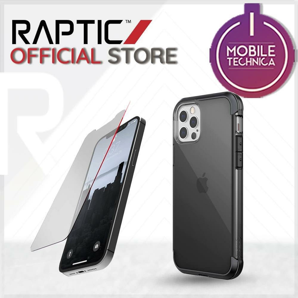 Raptic Official Store advertisement showcasing a shock-absorbent, MagSafe-compatible iPhone 13 Pro Max Mini Case Raptic Air Clear Bumper Hard Cover and screen protector, proudly displayed alongside a Mobile Technica award badge.