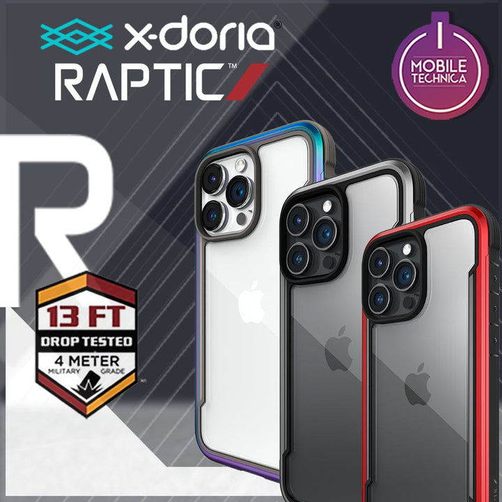 Image of three smartphones in Raptic Shield iPhone 15 Shield Case by Raptic with military-grade 13-foot drop protection, adhering to MIL-STD-810G Standards, set against a technical background showcasing the Mobile Technica logo.