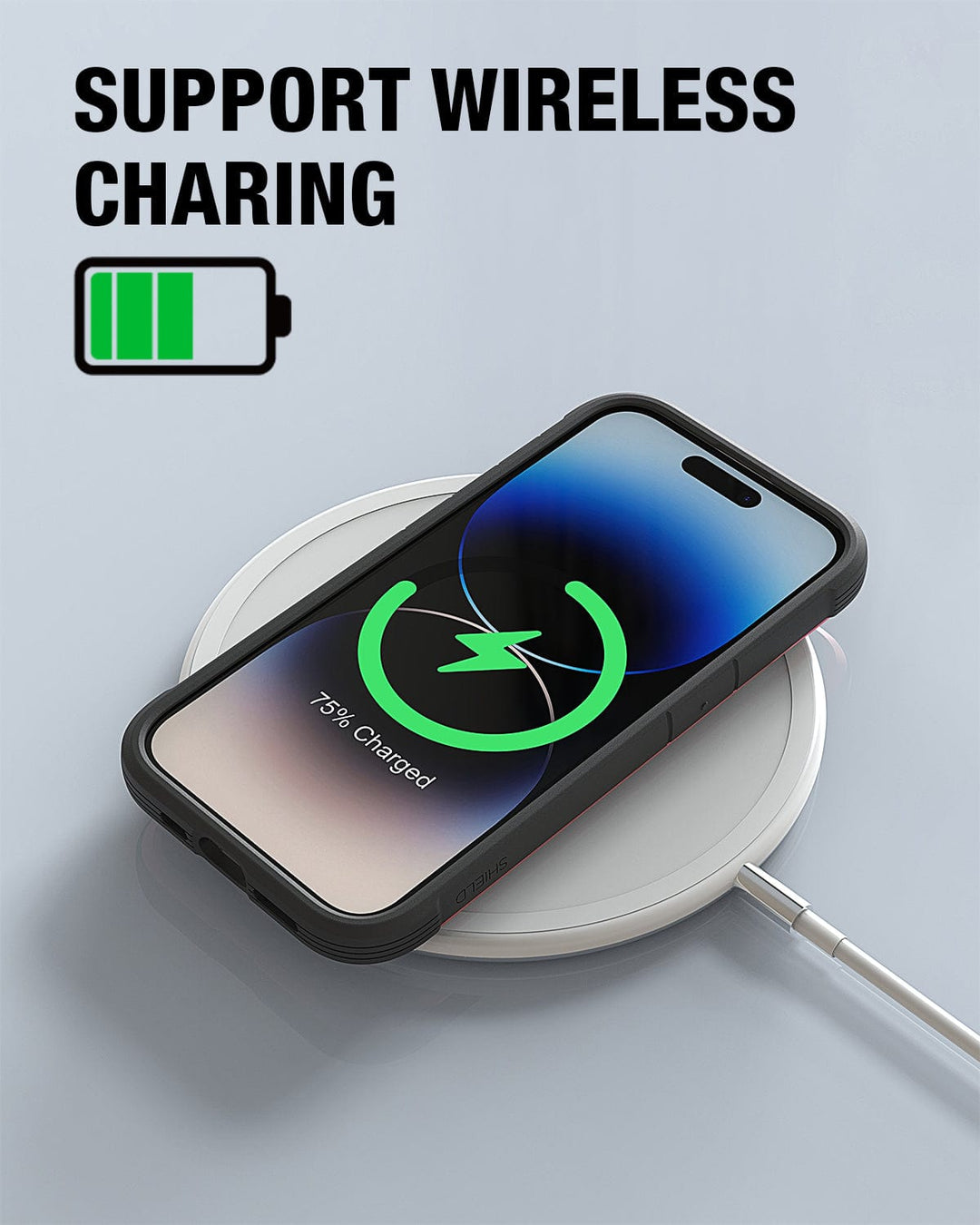 A Raptic Shield iPhone 15 Case with 75% charge is placed on a wireless charging pad. The text "SUPPORT WIRELESS CHARGING" and a battery icon are displayed above. Featuring MIL-STD-810G standards, this setup ensures durability and efficiency while powering up your device.