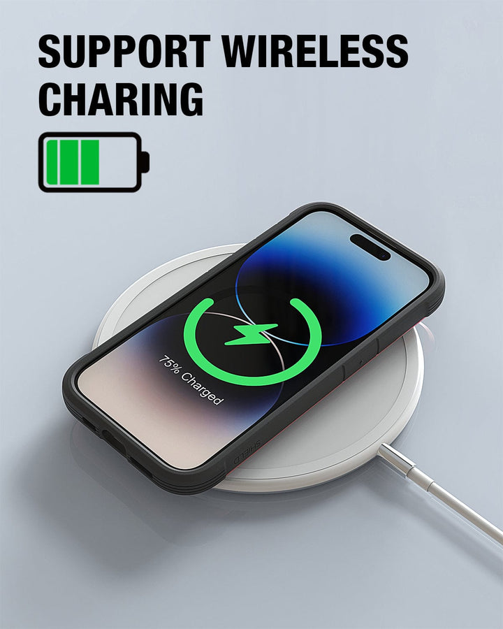 A Raptic Shield iPhone 15 Case with 75% charge is placed on a wireless charging pad. The text "SUPPORT WIRELESS CHARGING" and a battery icon are displayed above. Featuring MIL-STD-810G standards, this setup ensures durability and efficiency while powering up your device.