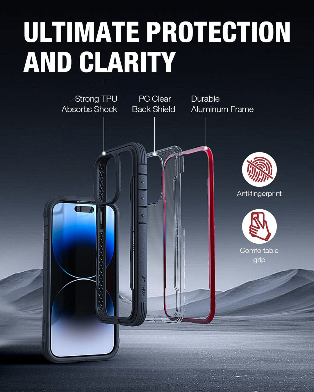 Introducing the Raptic Shield iPhone 15 Case by Raptic, featuring three robust layers: a strong TPU for shock absorption, a PC clear back shell, and a durable aluminum frame. Built to MIL-STD-810G standards with 3-metre drop protection, it also boasts anti-fingerprint properties and a comfortable grip.