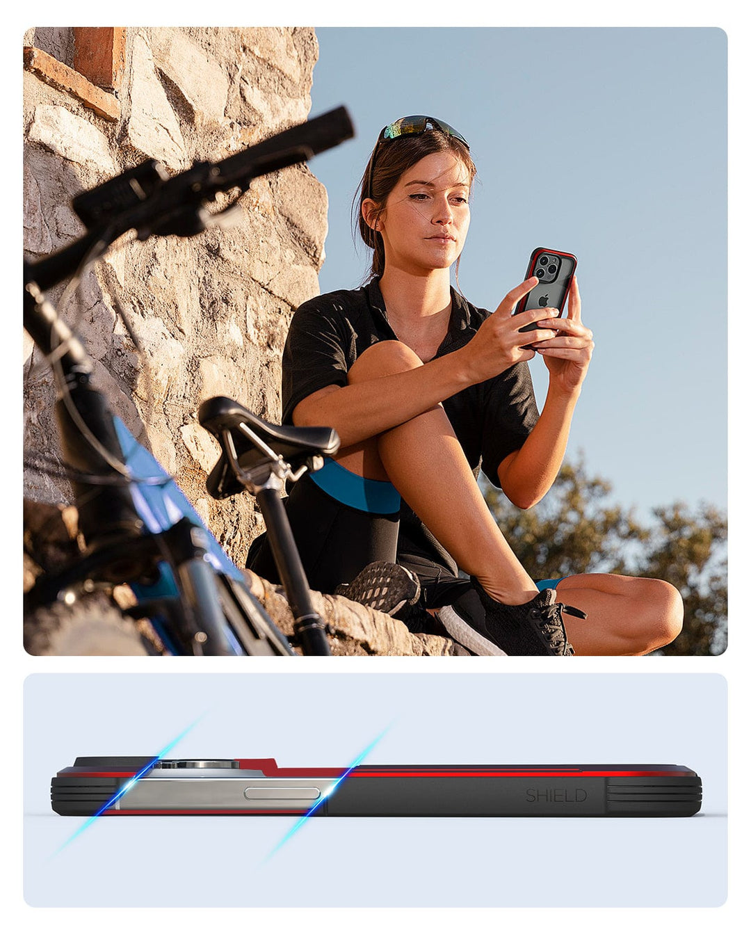 A person sits outdoors next to a stone wall, holding a smartphone. Below is an image of the Raptic Shield iPhone 15 Case labeled "Raptic," highlighting its slim profile and impressive 3-metre drop protection, certified to MIL-STD-810G Standards. A bike is partially visible nearby.